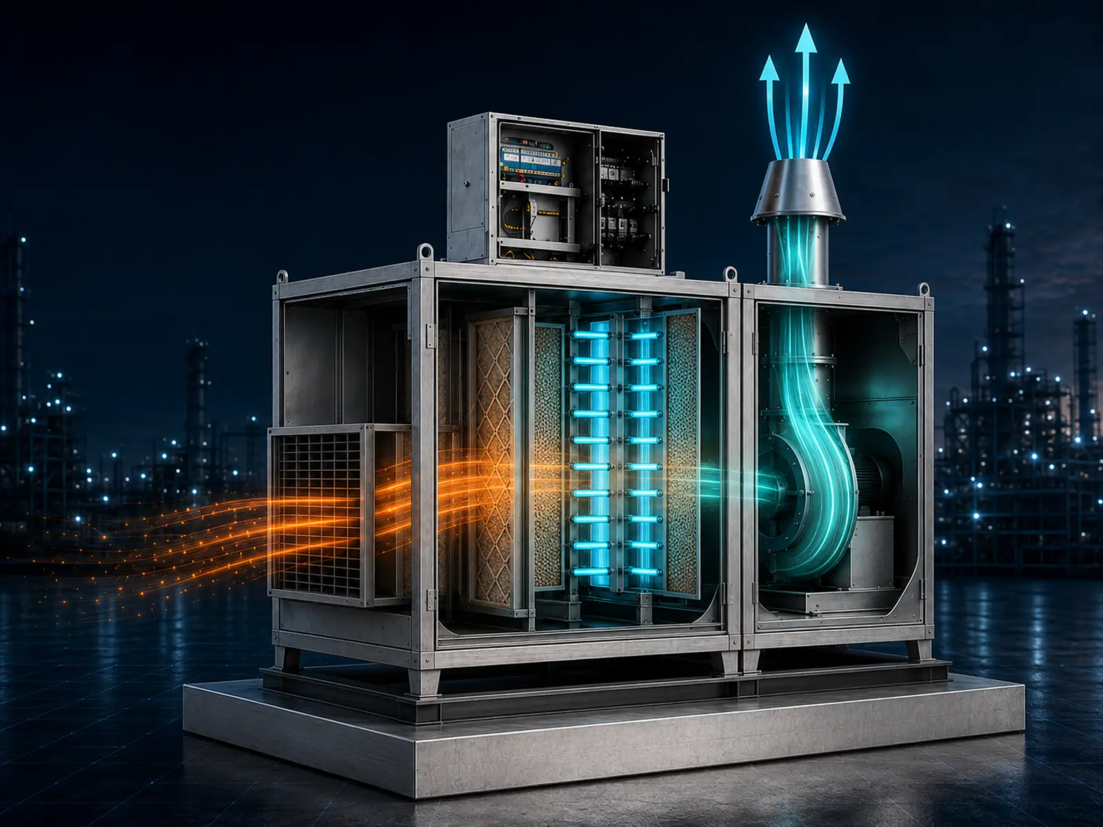 Cutaway visualization of the prefilter, TiO₂ stages, UV-C bank and blower inside an ANBE DUV system