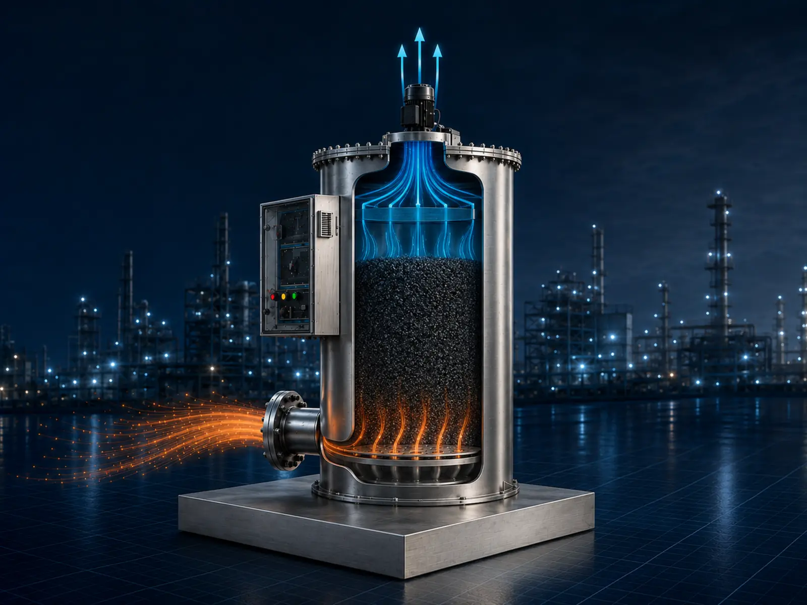 Cutaway visualization of contaminated air passing through the activated-carbon bed of an ANBE FCA vessel